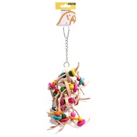 Avi One Bird Toy Leather Rope Coloured Wood Block  - 33cm