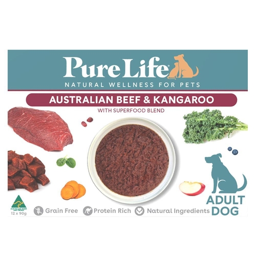 Pure Life Adult Dog Pouches - Beef & Roo - Box (90g x 12)