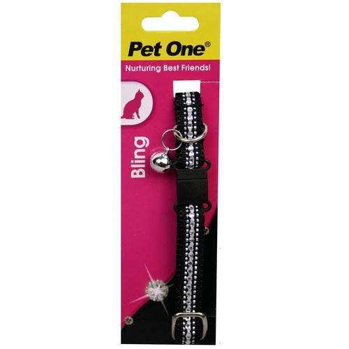 Pet One Breakaway Clip Imitn Diamond Cat Collar - 30cm x 12mm - Black