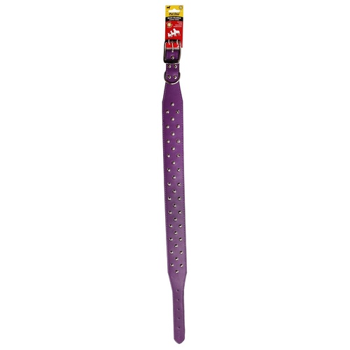 Pet One Three Row Studded Leather Dog Collar - 65cm - Purple