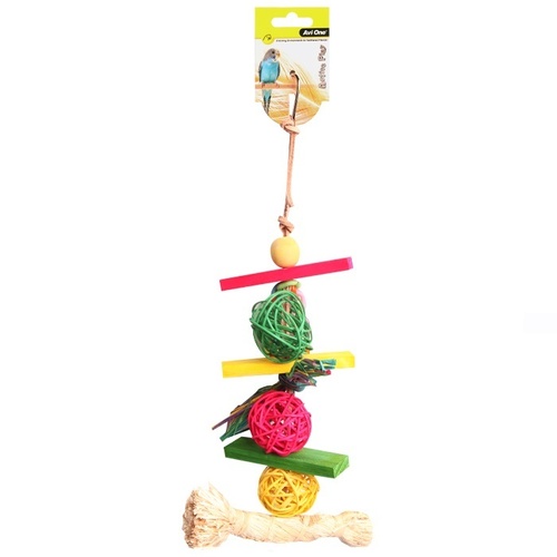 Avi One Bird Toy Rattan Balls With Raffia Wooden Beads - 34cm